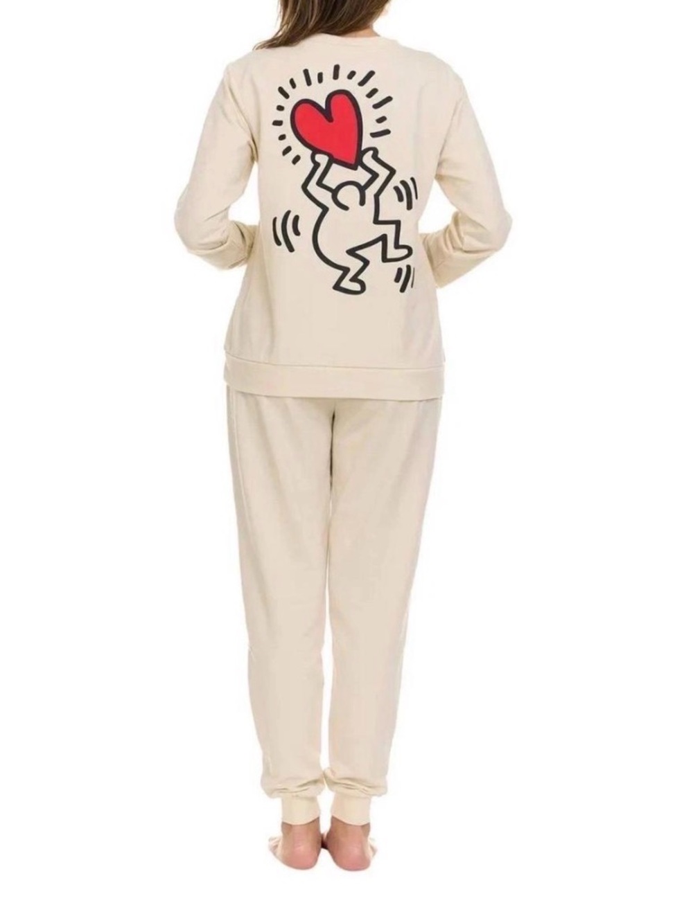KEITH HARING Love Heart Graphic Cream Sweatshirt Jogger Set Women M Lounge